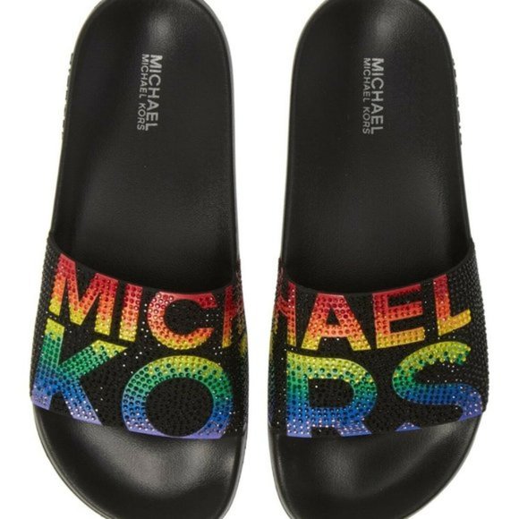 Michael Kors Gilmore Black Slides Rainbow Crystals Women's Size 7 New In Box - Picture 1 of 12